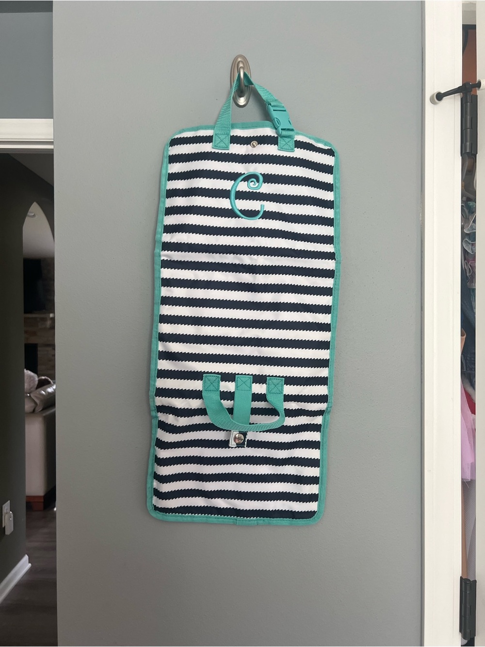 Thirty One Striped Hanging Organizer with Teal Trim